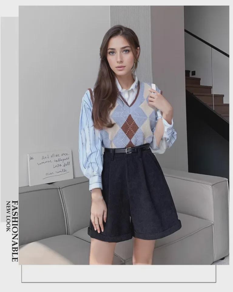 Pantaloni scurți din velur maro cu talie înaltă de damă - linie A cu picioare late pentru slăbire, perfecti pentru toamna/iarna 2023