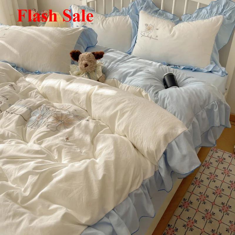 new lace embroidery small fresh and cute girl heart bed four-piece set washed cotton summer sheet quilt cover bed hat