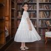 Girls' Embroidered White Cotton Dress – Sweet Bubble Sleeve Cake Design for Summer