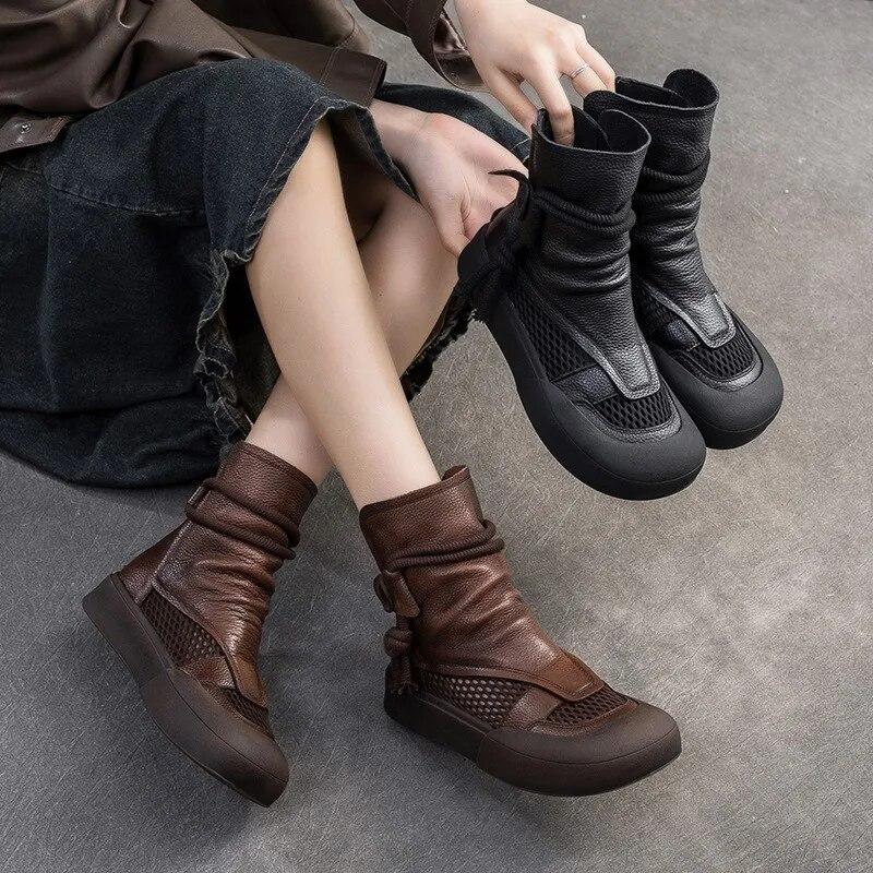 Johnature Hohle, atmungsaktive Retro-Sommerstiefel aus echtem Leder mit Reißverschluss hinten und römischen Sandalen mit dicker Sohle für Damen