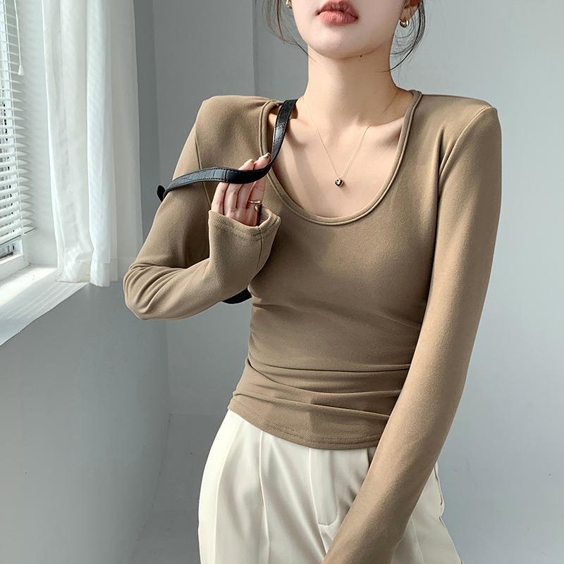 

Coconut Velvet Big Neck Bottoming Shirt, Autumn and Winter Polished Inner Shirt, Long Sleeve Waist Slim-fitting Meat Pleated Top XL
