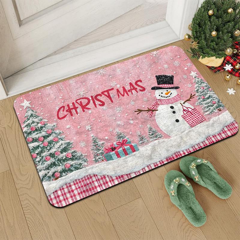 1pc Christmas Snowman Festive Door Mat Featuring a Classic Red And White Checkered Scarf And a Handbag, with a Cute Snowman Design Paired with a Pink