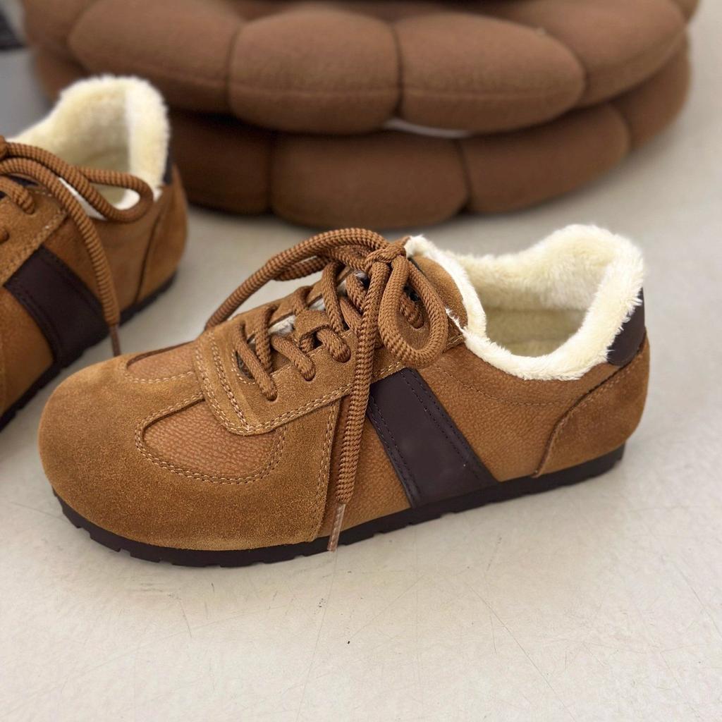 Round Head Retro Versatile Moral Training Shoes Women's Winter Velvet Flat-bottomed Warm Lace-up Cotton Shoes Fashion Casual Shoes