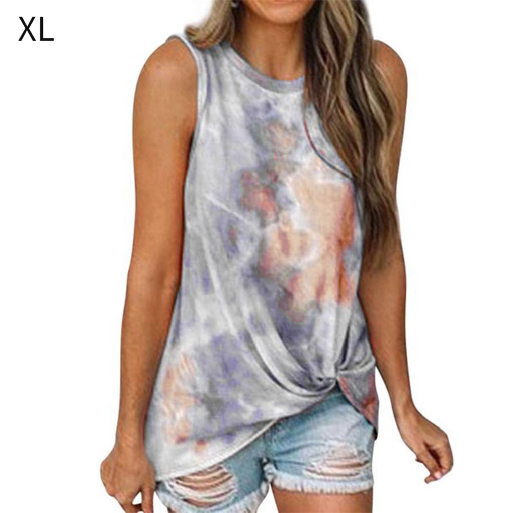 Women Tie Dyed Printed Twisted Hem Crew Neck Sleeveless Tank Top