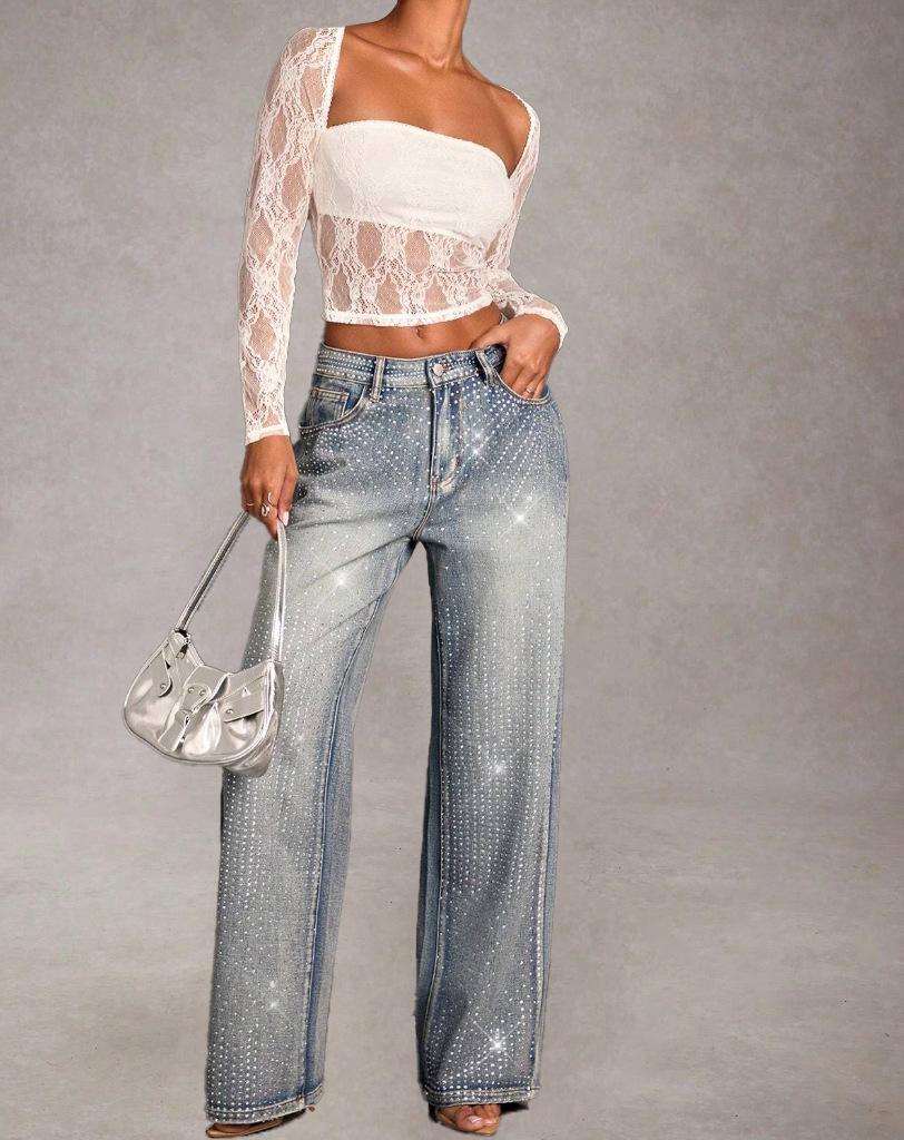 

2025 Women s Rhinestone Straight-Leg Denim Jeans, Elegant and Casual Mid-Waist Stretch Pants Large синий
