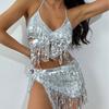 New Summer Solid Three Piece Set Swimsuit Women Bikini Shiny Sequins Sexy Tassel 3 Piece Suit Fashion Slim Fit Halter Swimsuits Bikini Set 24331