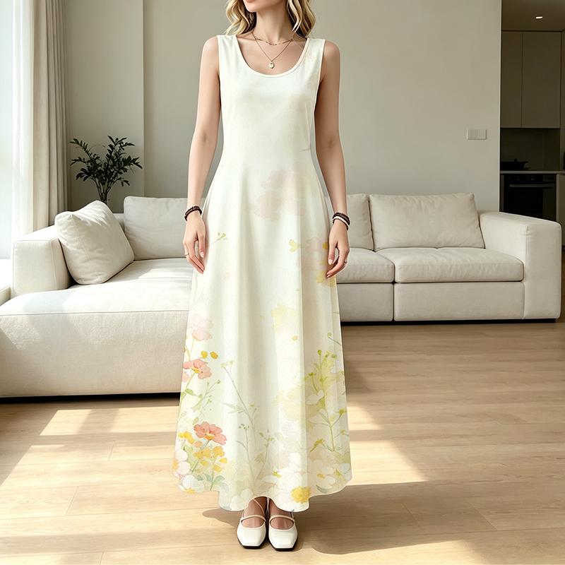 Sleeveless U Neck Maxi Dress,Women Pastel Floral Sundress,Watercolor Wildflower Print,Holiday Beach Outfit