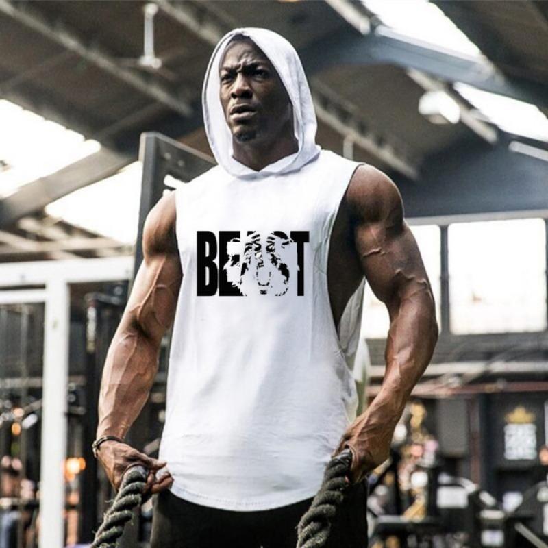 Men's Bodybuilding Fitness Sports Vest Hooded Sleeveless T-shirt Five-star Stitching Loose Large Size