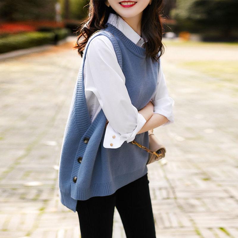 O-neck Sweater Vests Women Elegant Loose Sleeveless Knitted Sweaters Side-button All-match Stylish Popular Solid