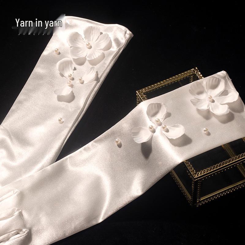 2024 Bridal Long White Satin Gloves with Pearls & Floral Design