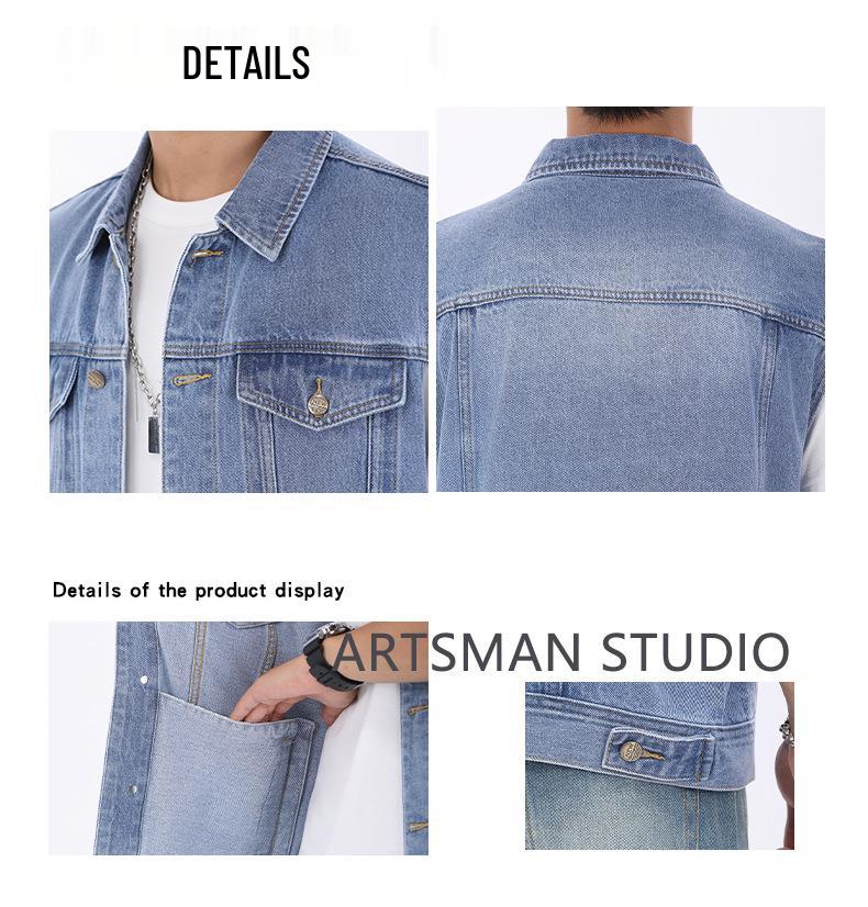 Men's Blue Denim Sleeveless Workwear Vest with Multi-Pockets for Spring and Autumn