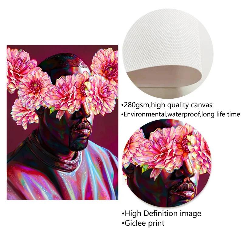 Famous Rapper Star Portrait with Flowers Canvas Painting Hip Hop Singers Abstract Art Posters Prints Wall Art Picture Home Decor