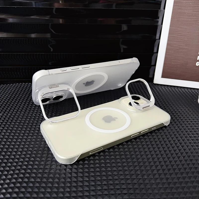 Frameless Magnetic Lens Stand Phone Case For iPhone 16 15 Pro Max E 14 13 Ultra Thin Wireless Charge Cover with Camera Bracket