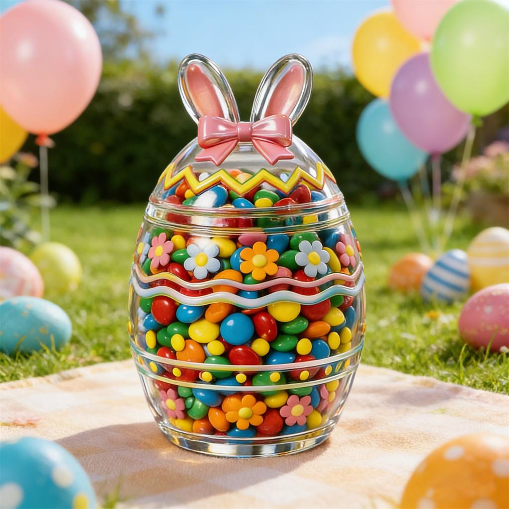 Glass Decorative Jar with Bunny Ears Lid Floral Pattern Egg Shaped Container for Home Seasonal Display Storage
