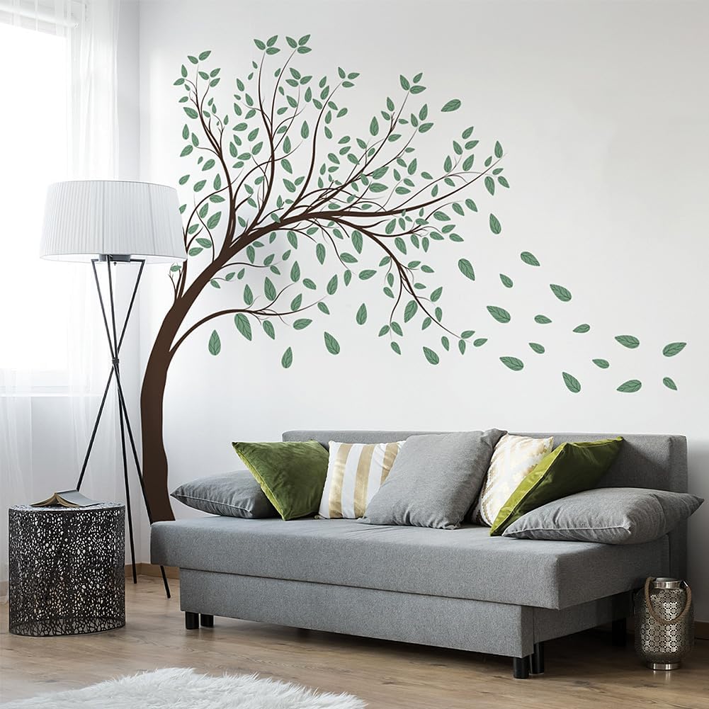 4 Sheets Green Tree Wall Decals Big Tree Wall Stickers Large DIY Peel and Stick Flying Leaves Wall Decor for Kids Bedroom Living Room Nursery Rooms