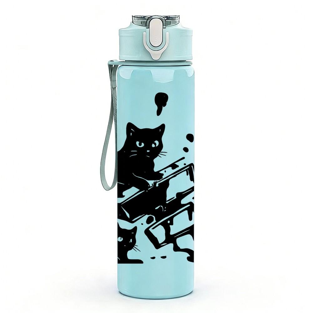 1PC Ink Style Multiple Black Cats 750ml Color Plastic Sports Water Bottle Leakproof Flip Straw Lid For Sports Office Home Use