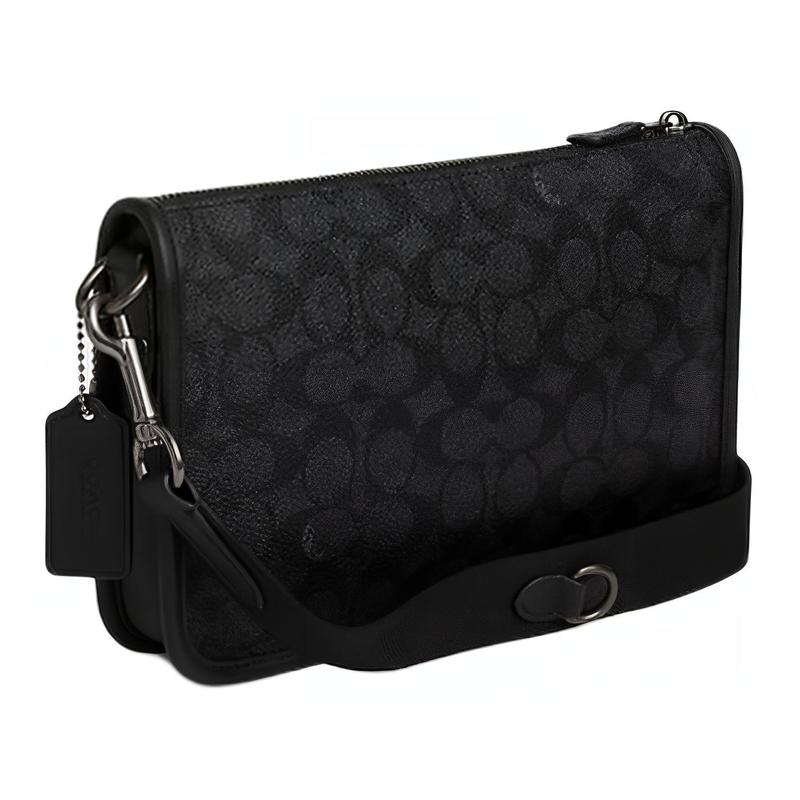 COACH Heritage 24 Zip closure brand print coated canvas shoulder crossbody bag medium men's charcoal and black
