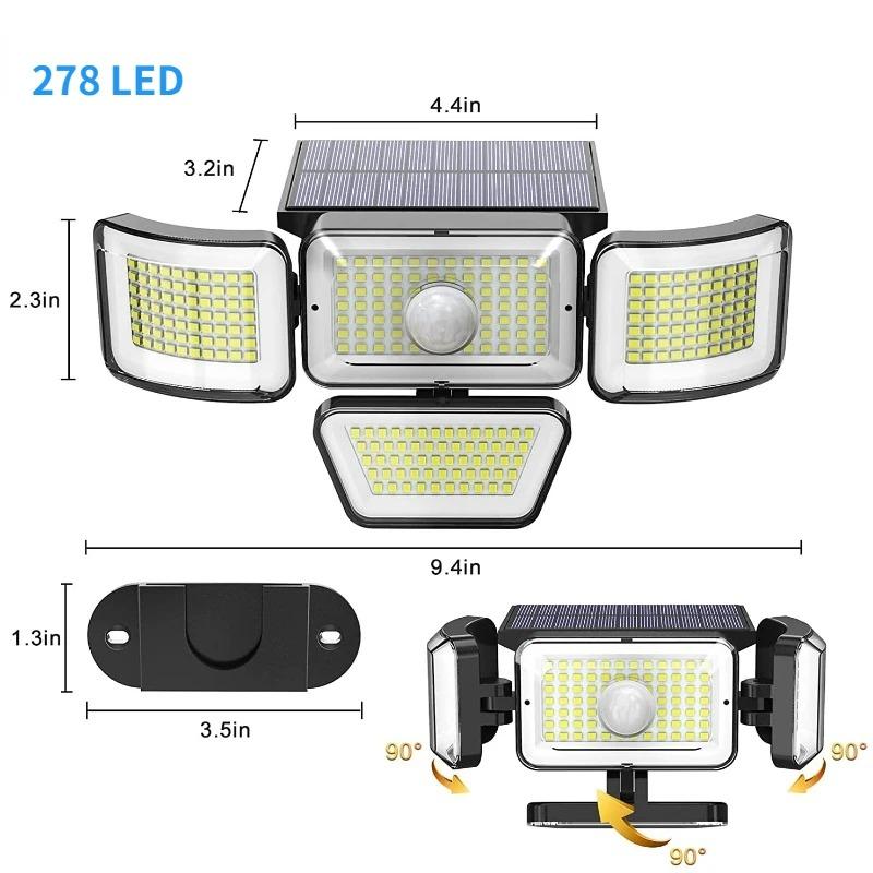 

278 светодиодных солнечных светильников с 4 регулируемыми головками и 3 режимами освещения, водонепроницаемые светильники IP65 на солнечных батареях, уличные светильники для безопасности сада Integrated-1pc