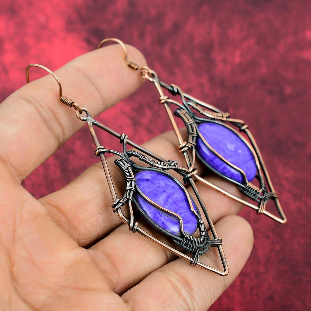 Charoite Earring Copper Wire Wrapped Earrings Handmade Drop Earring Copper Jewelry Gemstone Earring Anniversary Gifts Wire Wrapped Jewelry