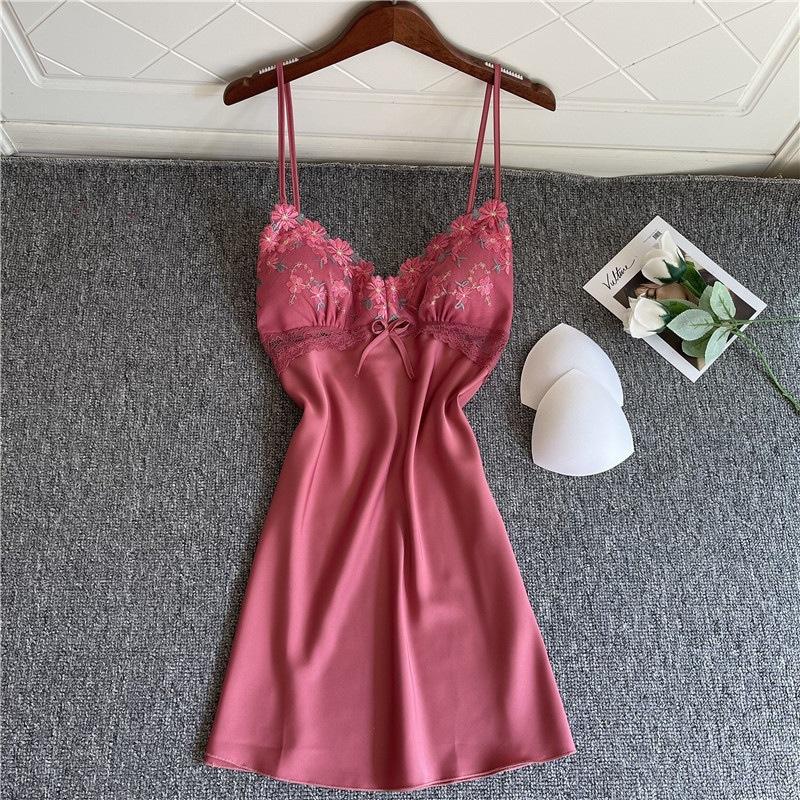 Sexy Pajamas Women's Summer Ice Silk Thin with Chest Pad Lace Suspender Nightdress Two-piece Set Can Be Worn Outside