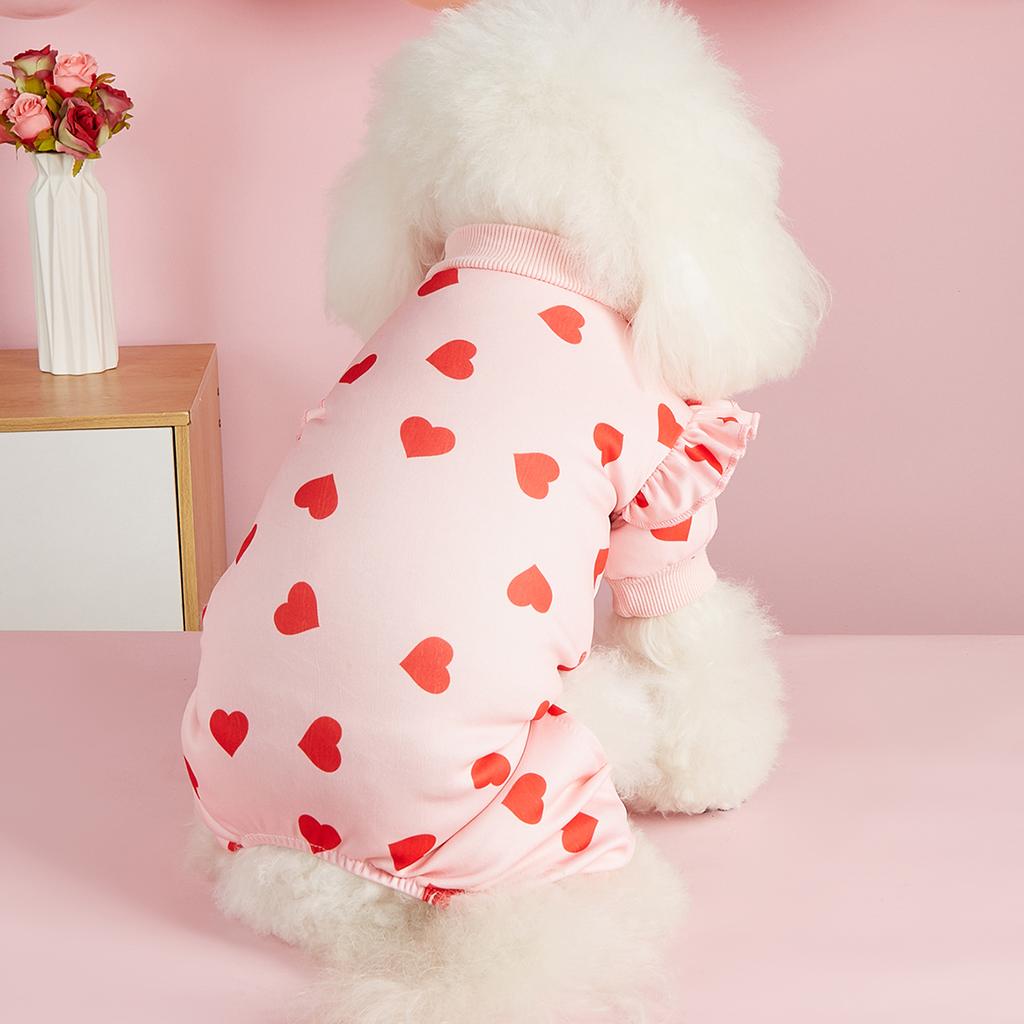 Rosa Herzen Kleine Hunde Pyjamas Rüschenärmel Valentinstag Dehnbarer Welpen PJ Weicher Einteiler Katzenkleidung Jumpsuit für den täglichen Gebrauch