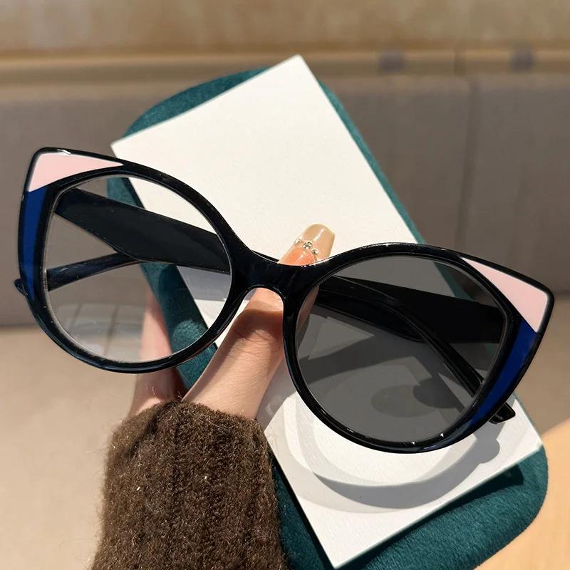 Fashion and Trendy Cat Eye Photochromic Myopia Glasses Personalized Color Blocking Anti Blue Light and Anti Radiation Glasses
