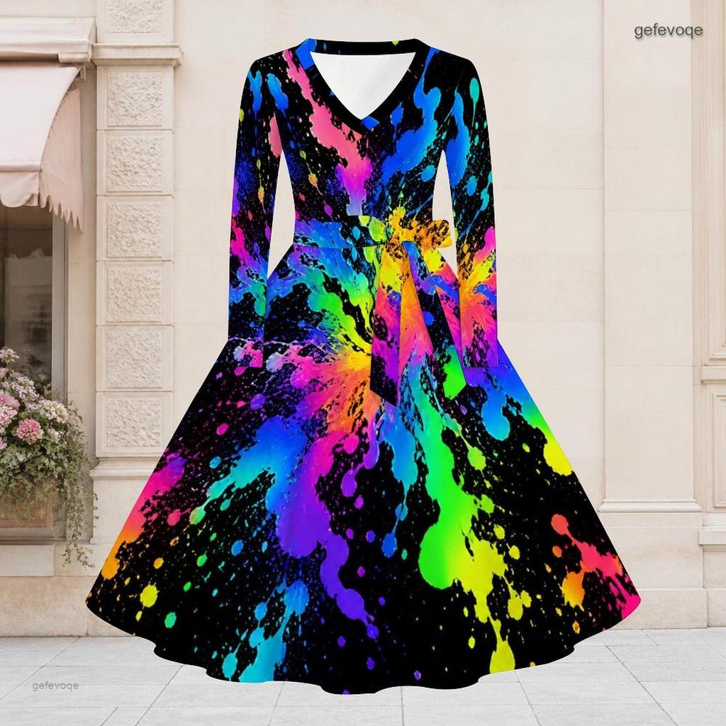 Women Plus Size V Neck Long Sleeve Rainbow Splash Printed Tie Waist A Line Midi Dress