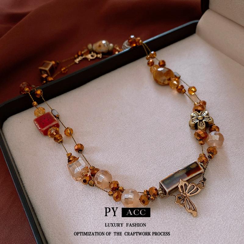 Flower Ceramic Rice Beads Beaded Stacked Necklace Retro Exquisite Collarbone Chain Design Sense Niche Necklace Women