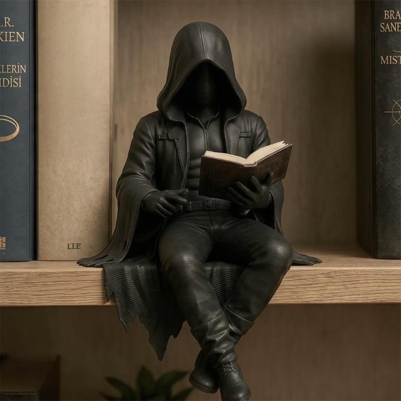 Open Book Reading Figurine Resin Shelf Sitter for Bookshelf Display, Dark Fantasy Statue for Desk Placement and Library Use