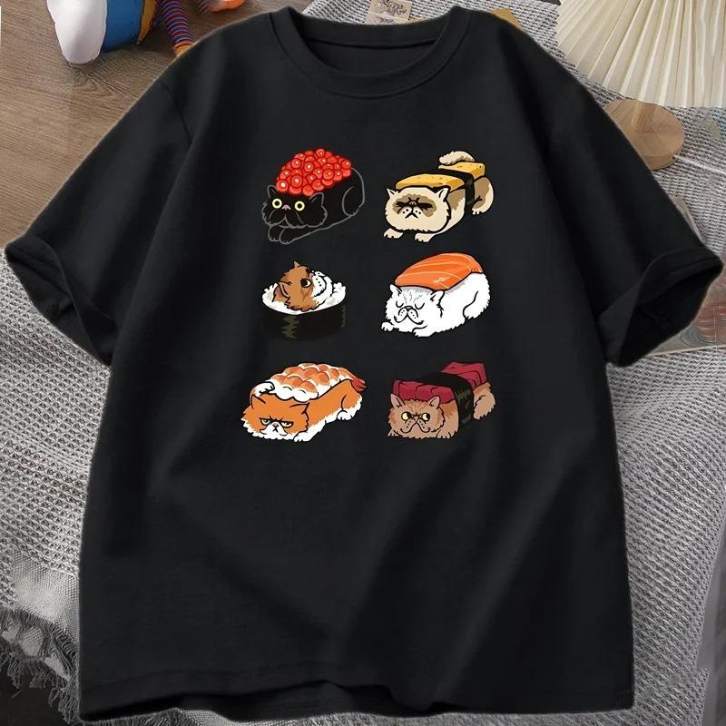 

Kawaii Cute Cats Sushi T Shirt Women Y2k T-Shirt Summer Short Sleeve Tee Cartoon Print Tshirt Tees Women Clothing S