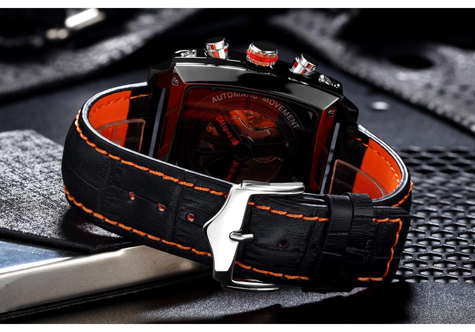 Orologio Automatico Quadrato Luminoso da Uomo con Cinturino in Vera Pelle