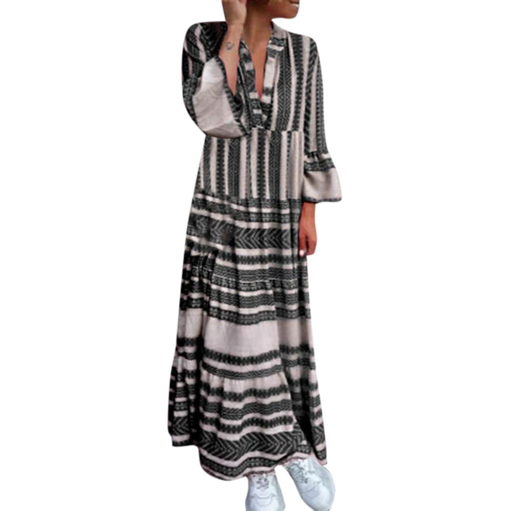 Fashion Women Summer Printed V Neck  Long Dresses Bohemian Dresses