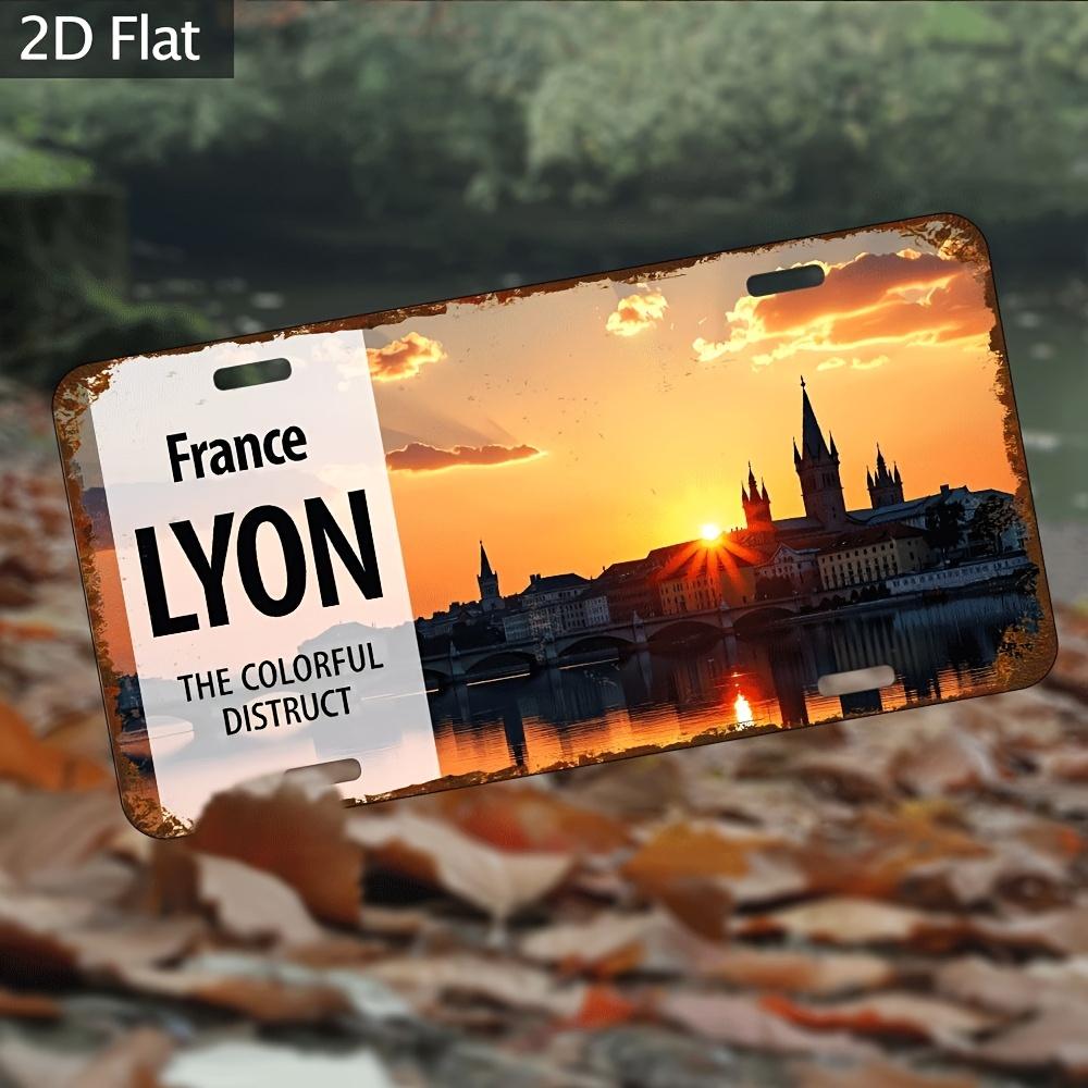 D Flat Aluminum Metal Wall Decoration Vintage Aged Style Design of Lyon France at Sunset with a Rural Bar Scene on The