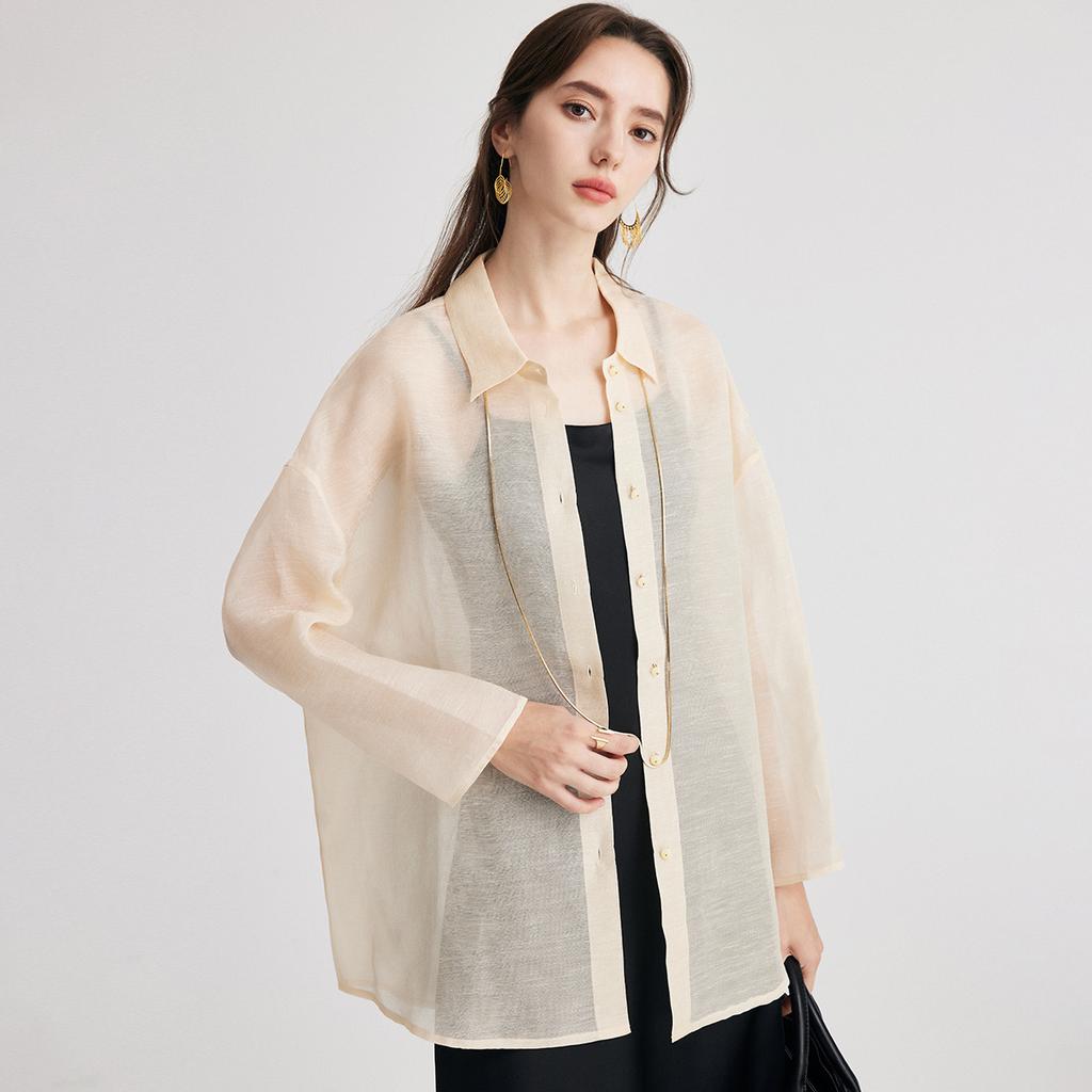 Advanced Lazy Style: Mulberry Silk 26 Summer Collar Loose Long Sleeve Shirt Fashionable Relaxed Linen Top for Women