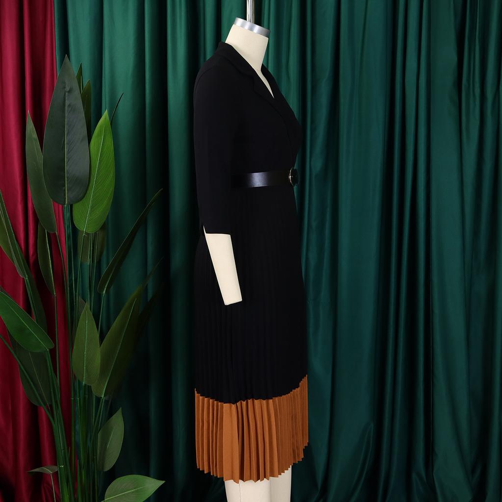 YYFS Women's Fashion Spring Fall Solid Color Print Long Sleeve POLO Neck High Waist Casual Dresses