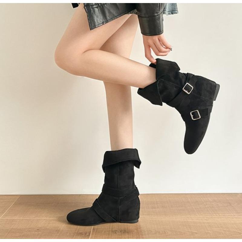 Fashion New Women's Vintage Suede Women Trouser Legs Boots Fashion Belt Buckle Slip On Shoes Autumn Winter Wedges Heel Ladies Long Boots