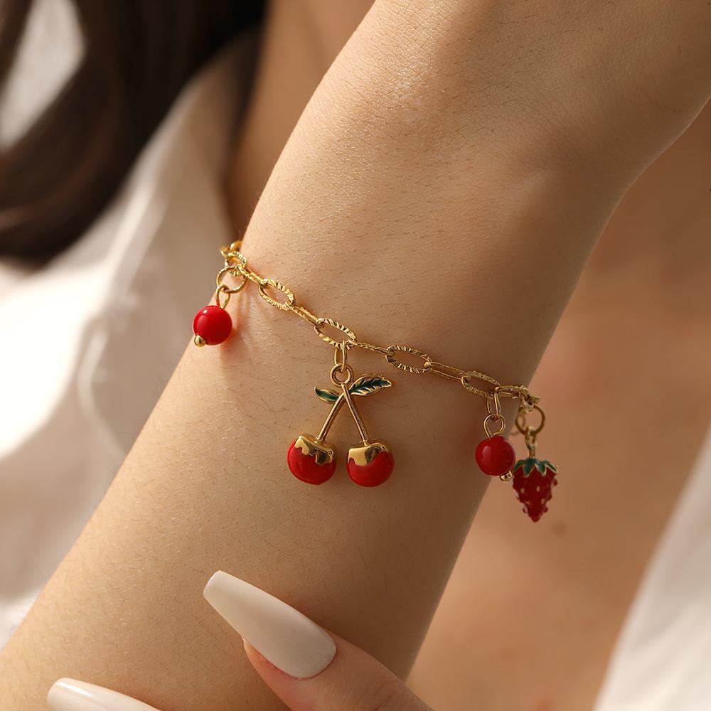 DIEYURO 316L Stainless Steel Cute Red Cherry Strawberry Plant Pendant Bracelet Lady New Fashion Classic Wrist Chain Jewelry Gift