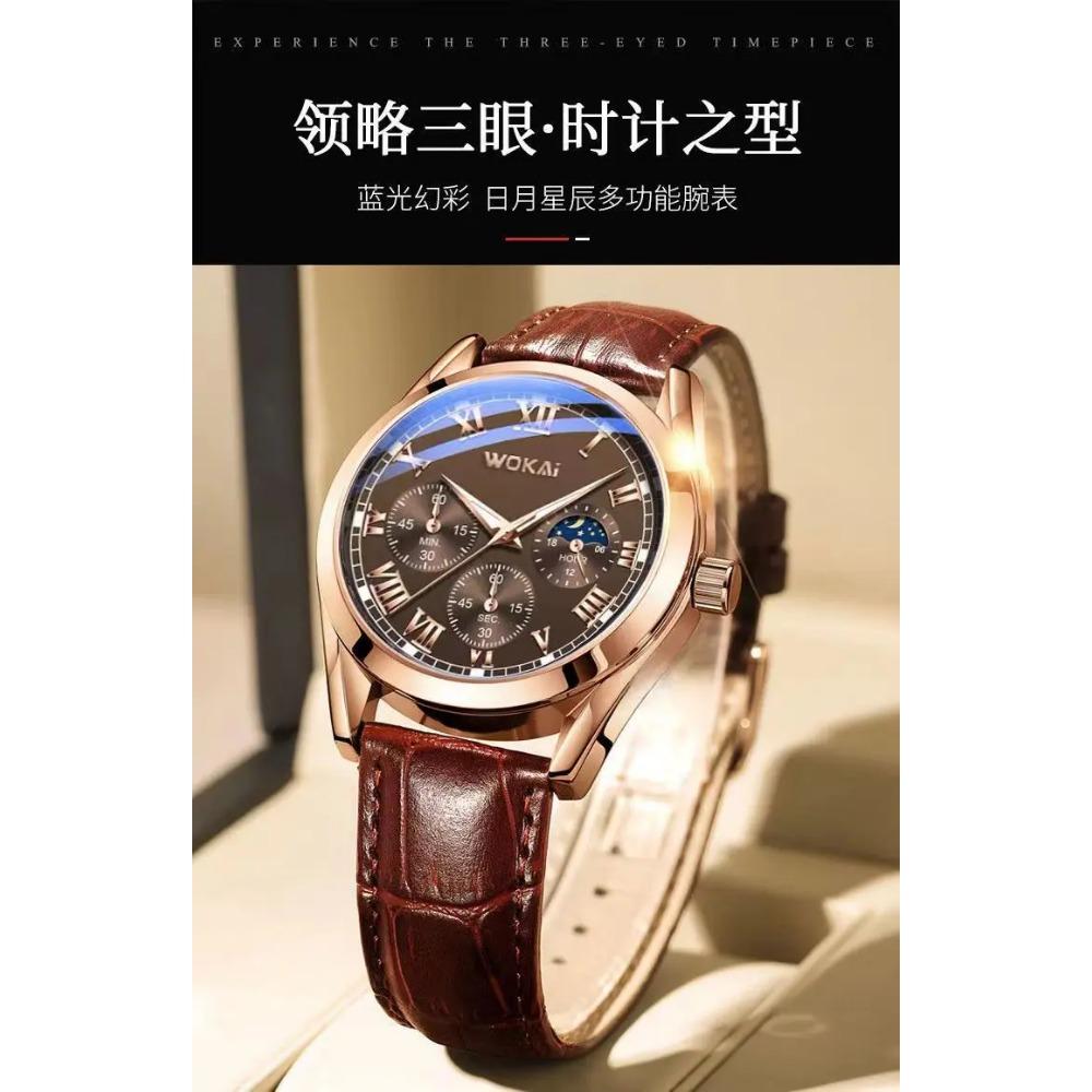 Orologio al Quarzo Moda Business con Quadrante Romano a Tre Occhi e Cinturino in Bambù
