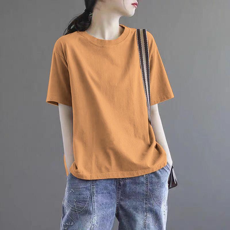 

Clearance Leak-Picking ~ 100% Cotton Loose Casual Women Slimming Short sleeve T-shirt Summer Artistic Retro Artistic Top Burnt Yellow [Solid Color] 2XL