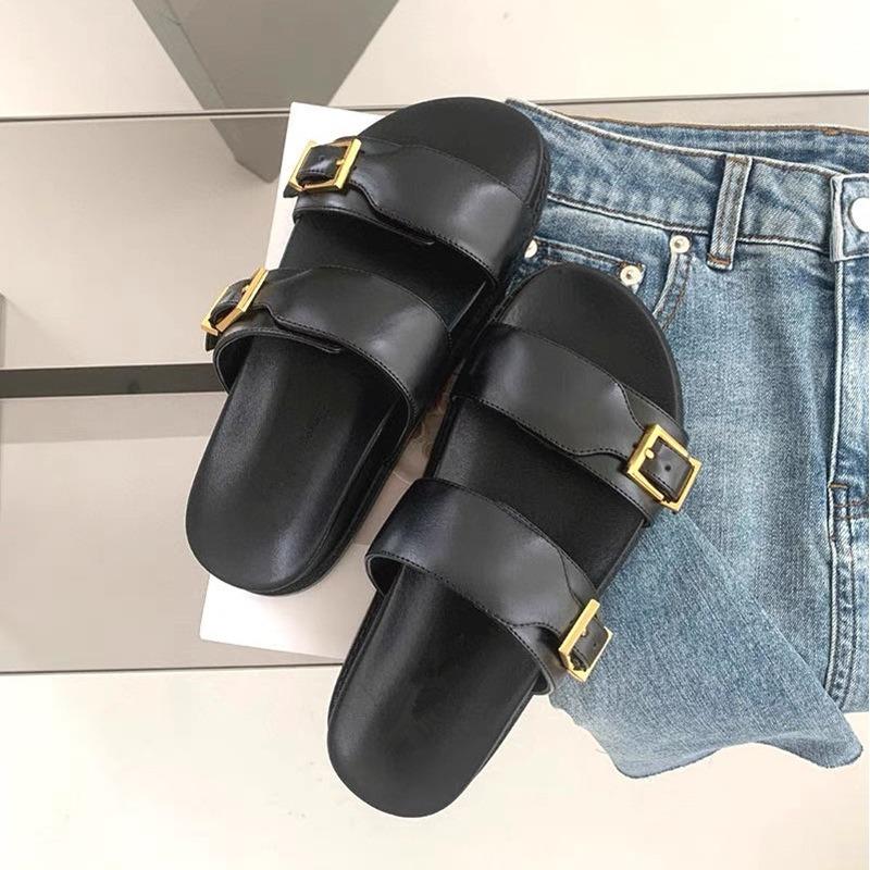 Leather version~ Slippers women's summer wear one-word platform sandals versatile casual beach soft-soled cool slippers