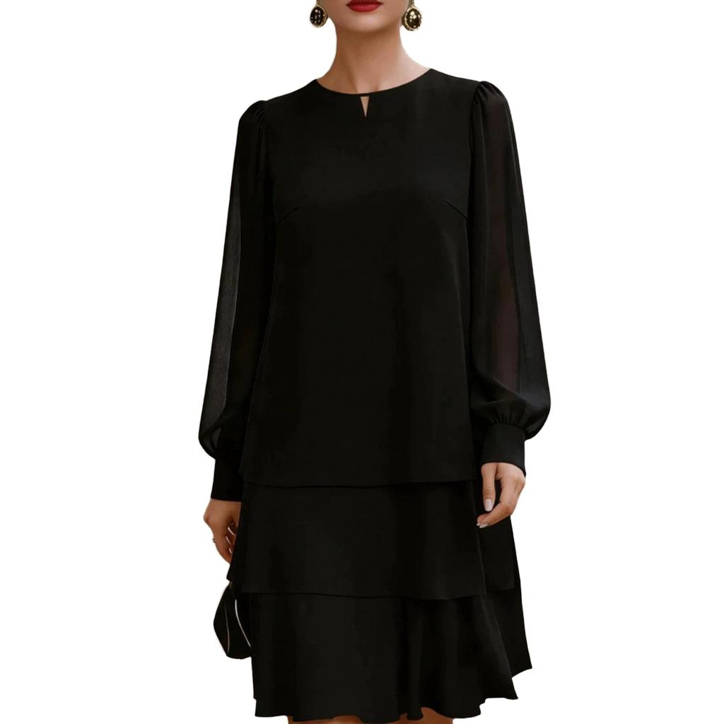 Damenkleid mit Puffärmeln und Rundhalsausschnitt für elegante Freizeitkleidung