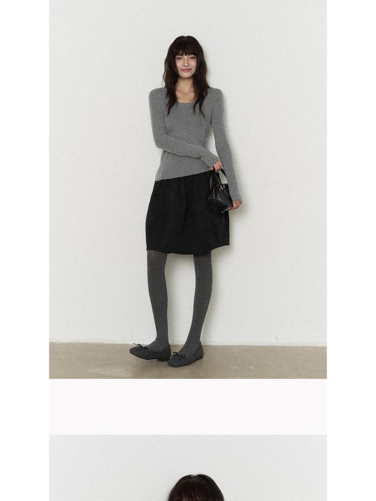 Vintage High-Waisted Wool Midi Skirt with Pockets - Gray Fluffy Design for Autumn/Winter