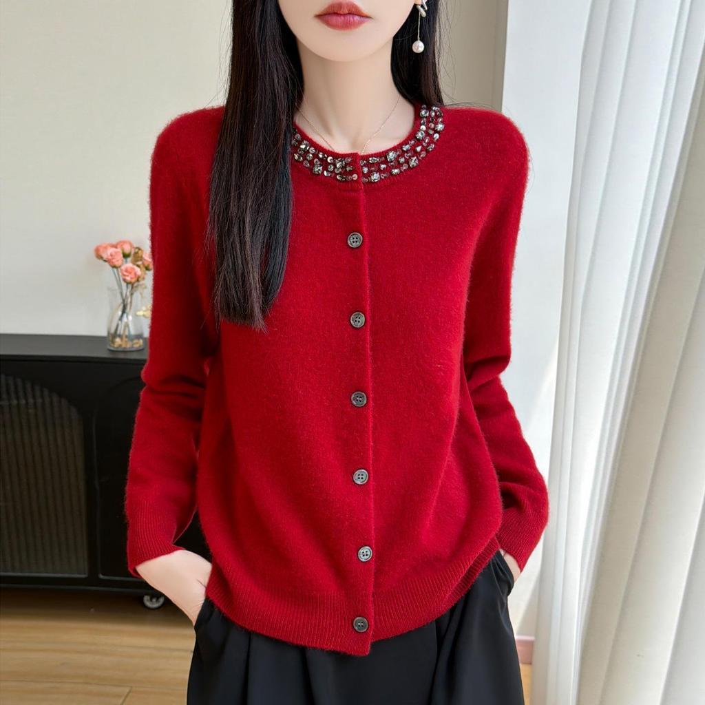 Autumn/Winter 2026 Women's Pure Wool Rhinestone Knit Cardigan - Round Neck, Long Sleeve, Solid Color