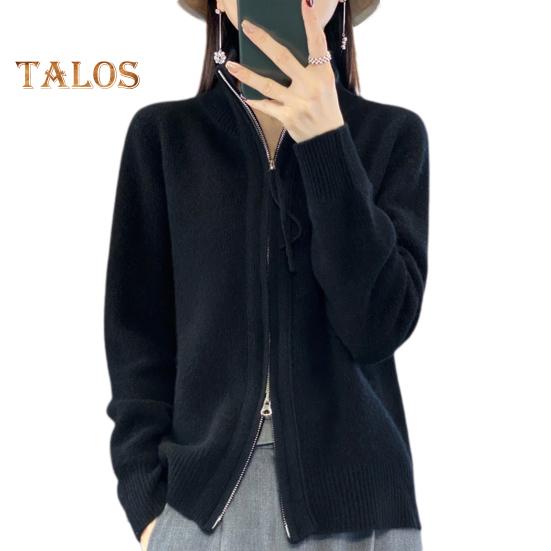 Women Knitted Sweater Coat High Collar Long Sleeve Double Zipper Placket Autumn Winter Solid Color Knitwear