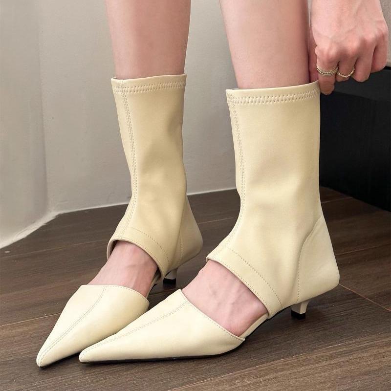 2025 spring new pointed hollow low heel versatile non-slip boots women's summer new elastic thin women's short boots