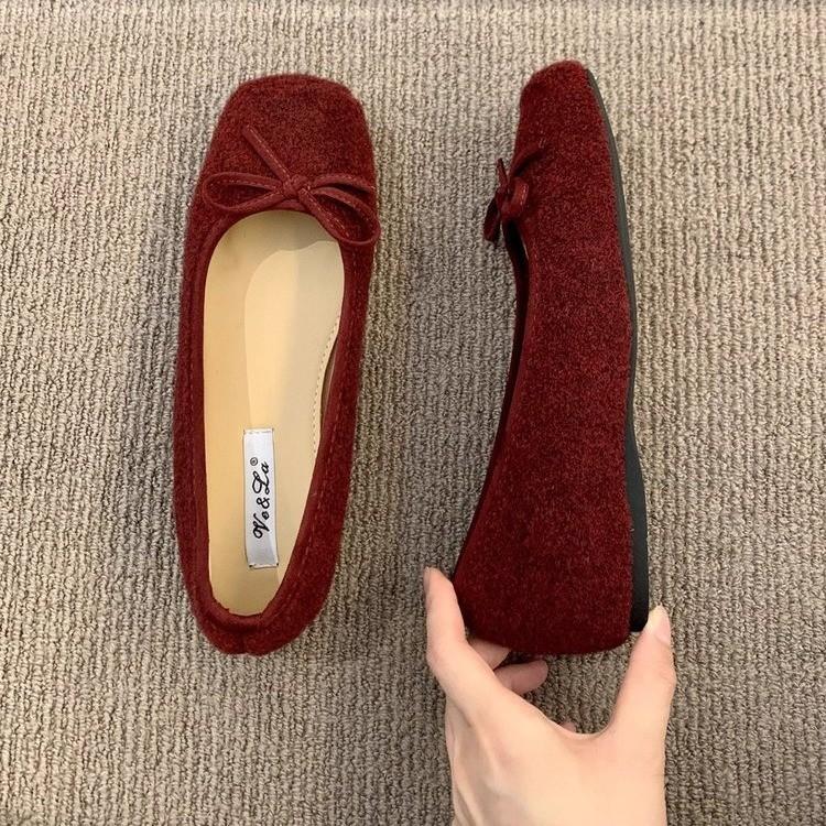 French Retro Ballet Flat Bottom Shallow Mouth Single Shoes Women's New Woolen Soft Sole Doudou Shoes One Pedal Ladyshoes