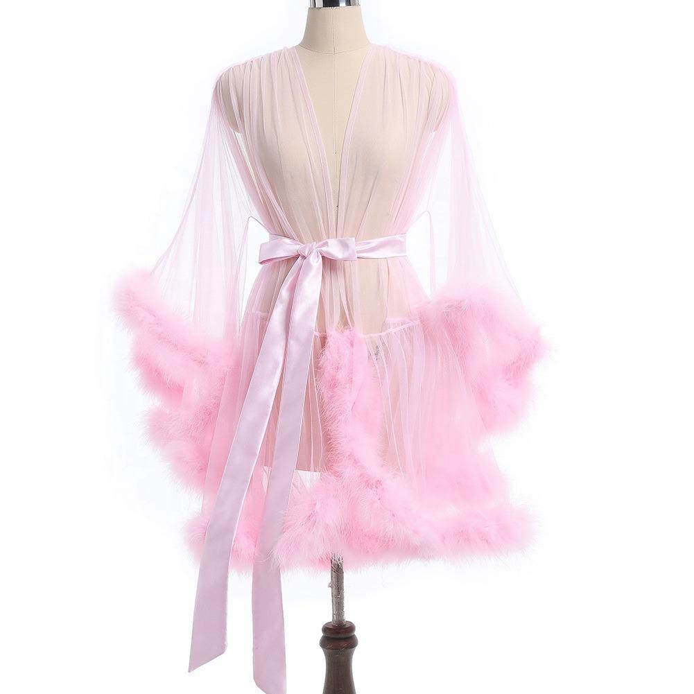 Sexy transparent mesh robe, bathrobe, nightgown, perspective loungewear, fluffy splicing sleeves, medium and long coat.