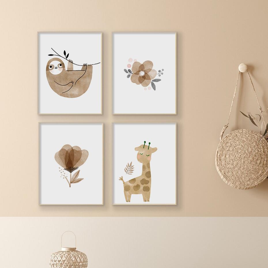 Cartoon Elephant Giraffe Cute Watercolor Poster Canvas Painting Nursery Wall Art Print Picture Kids Boys Girls Room Home Decor