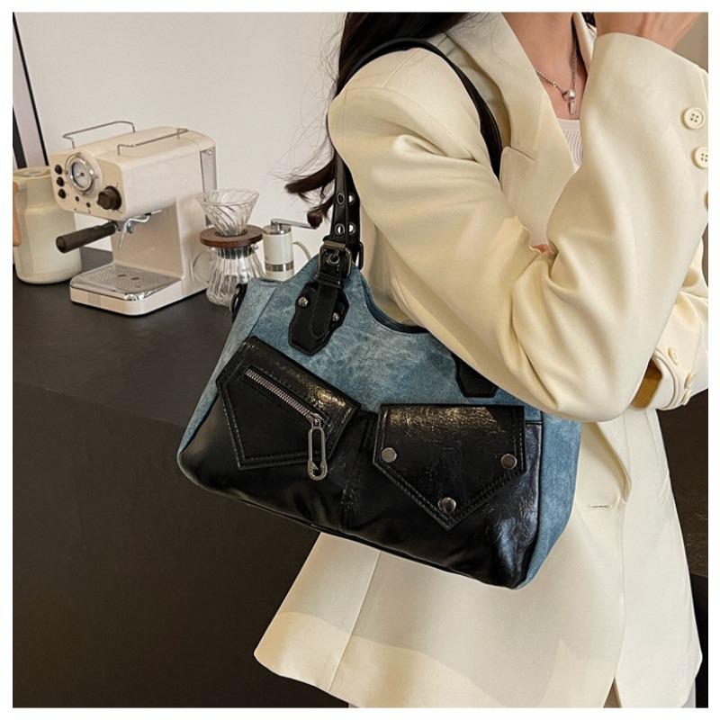 Vintage Euro-American Large Capacity Shoulder Bag New Crossbody Bag Patchwork Women Bag Minimalist Soft Leather Tote Bag
