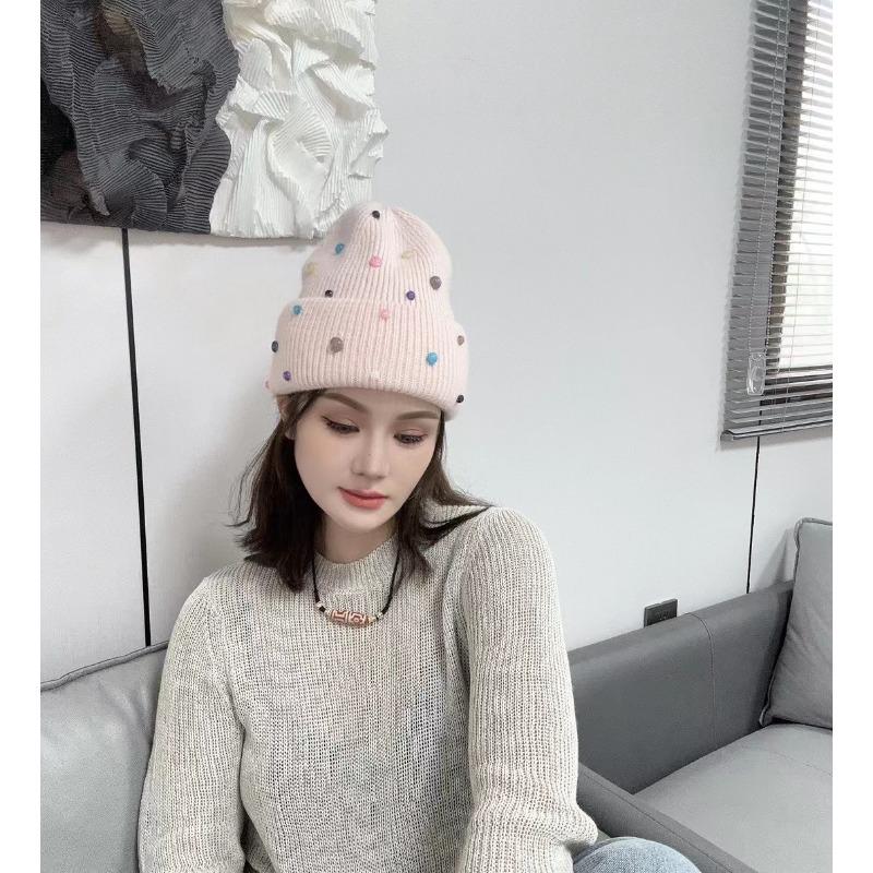 New Rabbit Hair Handmade Colorful Pearl Wool Hat Men and Women Outdoor Warm Personality Street Knitted Head Cold Hat